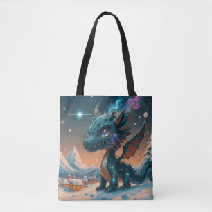 Mystiek Chibi Dragon Winterlandschap Tote Bag