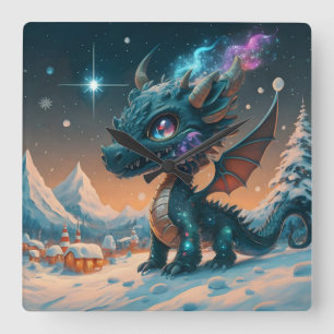 Mystiek Chibi Dragon Winterlandschap Vierkante Klok