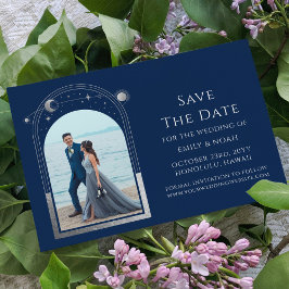 Mystiek Chique Blauw Zilver Zon Maan Ster Ruimte Save The Date