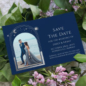 Mystiek Chique Blauw Zilver Zon Maan Ster Ruimte Save The Date