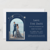 Mystiek Chique Blauw Zilver Zon Maan Ster Ruimte Save The Date (Voorkant)