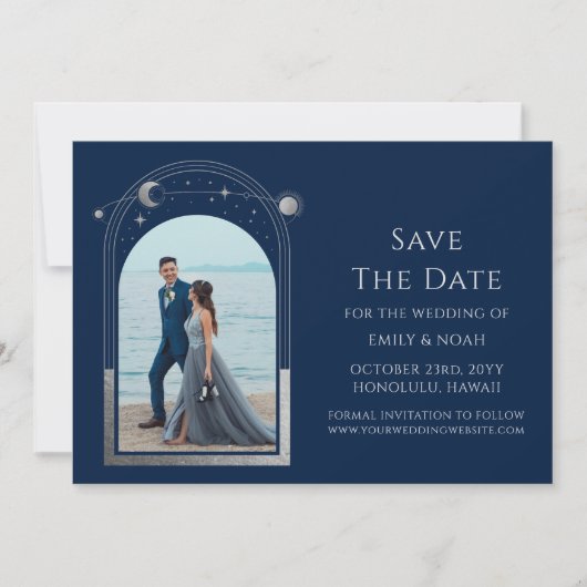 Mystiek Chique Blauw Zilver Zon Maan Ster Ruimte Save The Date (Voorkant)