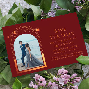 Mystiek Chique Rood Sinaasappel Star Moon Fotoruim Save The Date