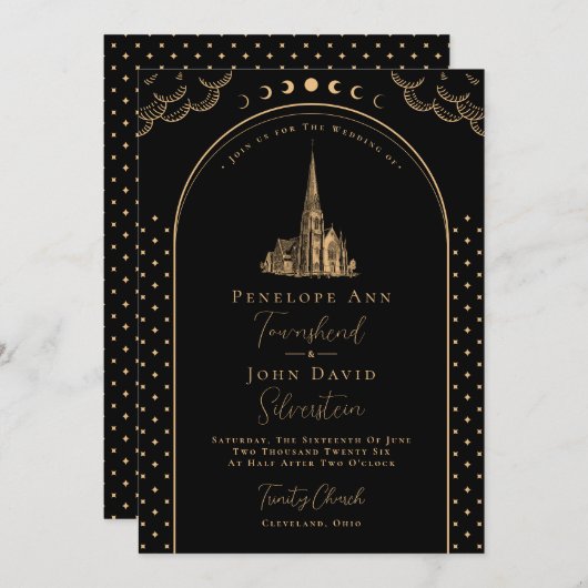 Mystiek Deco Zwart Goud  Kerkbruiloft Kaart (Voorkant / Achterkant)
