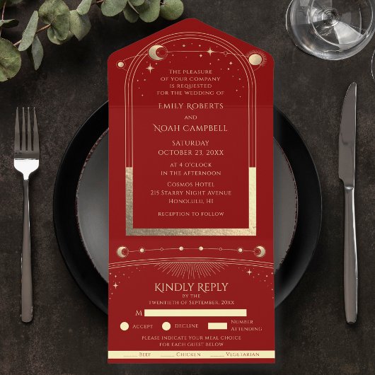 Mystiek Donkerrood Goud Zon Maan Sterren All In One Uitnodiging