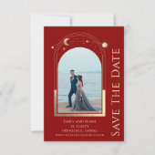 Mystiek Donkerrood Goud Zon Maan Sterren Celestial Save The Date (Voorkant)