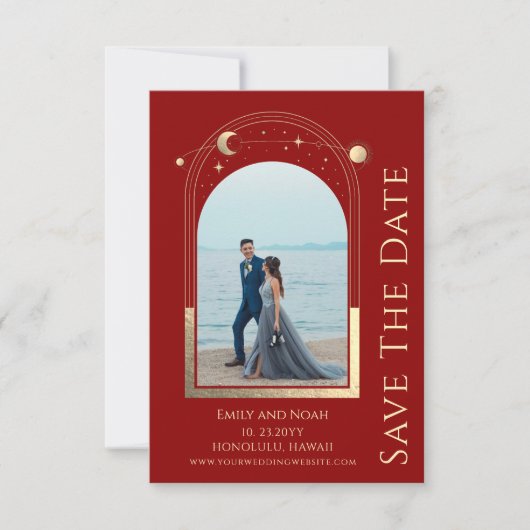 Mystiek Donkerrood Goud Zon Maan Sterren Celestial Save The Date (Voorkant)