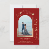 Mystiek Donkerrood Goud Zon Maan Sterren Celestial Save The Date (Voorkant)