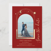 Mystiek Donkerrood Goud Zon Maan Sterren Celestial Save The Date (Voorkant)