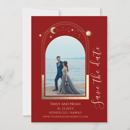 Mystiek Donkerrood Goud Zon Maan Sterren Celestial Save The Date (Voorkant)