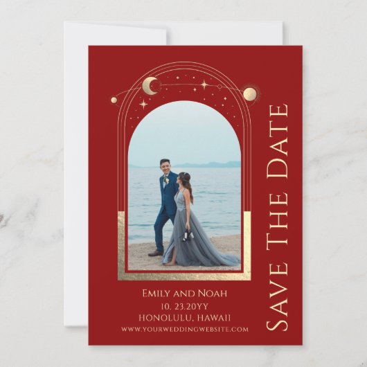 Mystiek Donkerrood Goud Zon Maan Sterren Ruimte Save The Date (Voorkant)