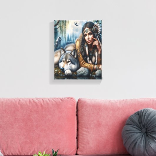 Mystiek Een indiaanse vrouw met wolven 10x8 Canvas Afdruk (Insitu (Woonkamer))