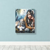 Mystiek Een indiaanse vrouw met wolven 10x8 Canvas Afdruk (Insitu (Houten vloer))
