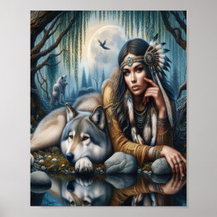 Mystiek Een indiaanse vrouw met wolven 10x8 Poster