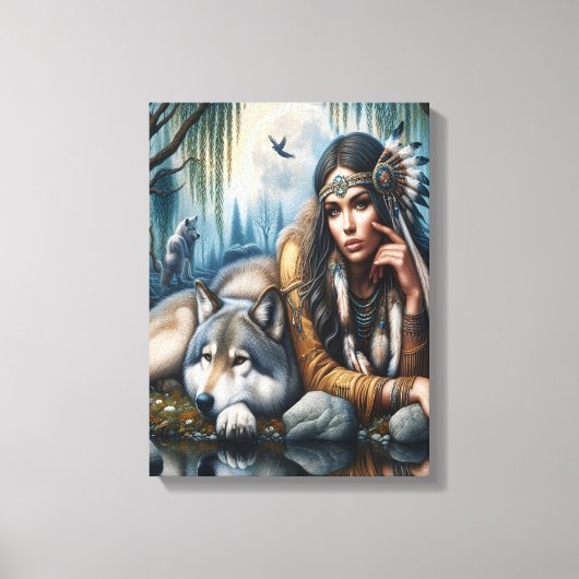 Mystiek Een indiaanse vrouw met wolven 12x16 Canvas Afdruk (Voorkant)