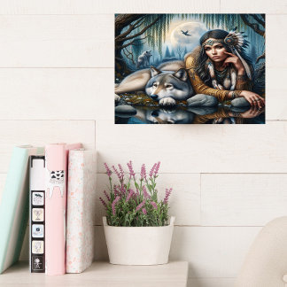 Mystiek Een indiaanse vrouw met wolven 16x12 Canvas Afdruk