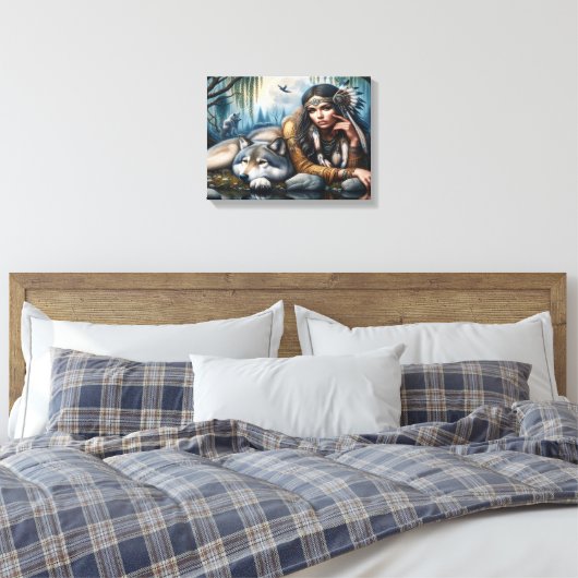 Mystiek Een indiaanse vrouw met wolven 16x12 Canvas Afdruk (Insitu (Slaapkamer))