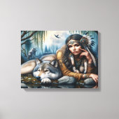 Mystiek Een indiaanse vrouw met wolven 16x12 Canvas Afdruk (Voorkant)