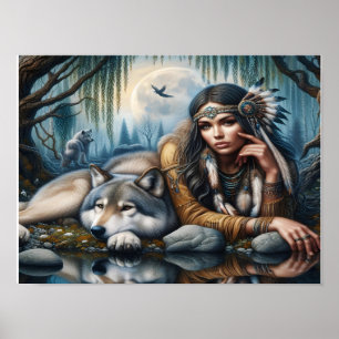 Mystiek Een indiaanse vrouw met wolven 16x12 Poster