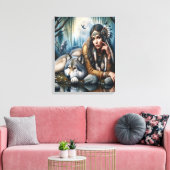 Mystiek Een indiaanse vrouw met wolven 16x20 Canvas Afdruk (Insitu (Woonkamer))
