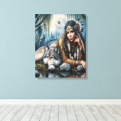 Mystiek Een indiaanse vrouw met wolven 16x20 Canvas Afdruk (Insitu (Houten vloer))