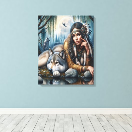 Mystiek Een indiaanse vrouw met wolven 16x20 Canvas Afdruk (Insitu (Houten vloer))