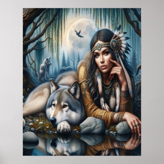 Mystiek Een indiaanse vrouw met wolven 16x20 Poster (Voorkant)