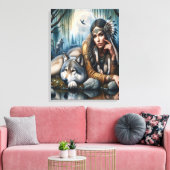 Mystiek Een indiaanse vrouw met wolven 18x24 Canvas Afdruk (Insitu (Woonkamer))