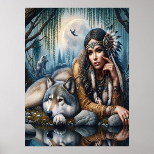 Mystiek Een indiaanse vrouw met wolven 18x24 Poster (Voorkant)