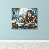 Mystiek Een indiaanse vrouw met wolven 20x16 Canvas Afdruk (Insitu (Houten vloer))