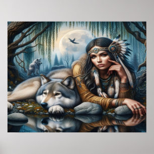 Mystiek Een indiaanse vrouw met wolven 20x16 Poster