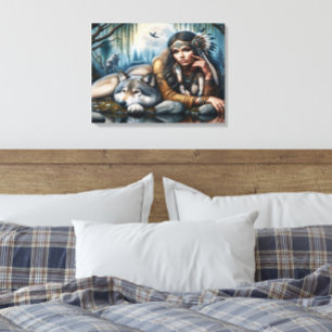 Mystiek Een indiaanse vrouw met wolven 24x18 Canvas Afdruk