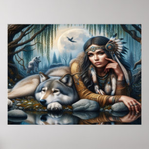 Mystiek Een indiaanse vrouw met wolven 24x18 Poster