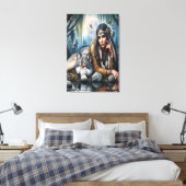 Mystiek Een indiaanse vrouw met wolven 24x36 Canvas Afdruk (Insitu (Slaapkamer))