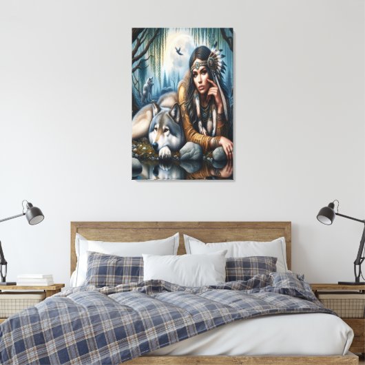 Mystiek Een indiaanse vrouw met wolven 24x36 Canvas Afdruk (Insitu (Slaapkamer))