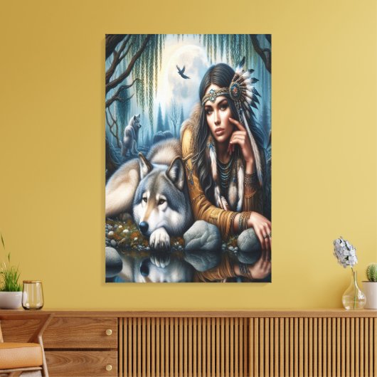 Mystiek Een indiaanse vrouw met wolven 24x36 Canvas Afdruk (Insitu (Woonkamer))