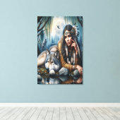 Mystiek Een indiaanse vrouw met wolven 24x36 Canvas Afdruk (Insitu (Houten vloer))