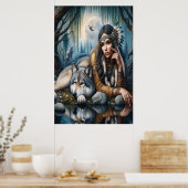Mystiek Een indiaanse vrouw met wolven 24x36 Poster (Keuken)