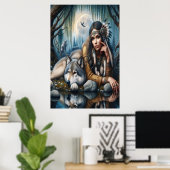 Mystiek Een indiaanse vrouw met wolven 24x36 Poster (Thuiskantoor)