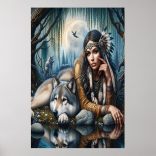 Mystiek Een indiaanse vrouw met wolven 24x36 Poster