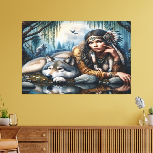 Mystiek Een indiaanse vrouw met wolven 36x24 Canvas Afdruk (Insitu (Woonkamer))