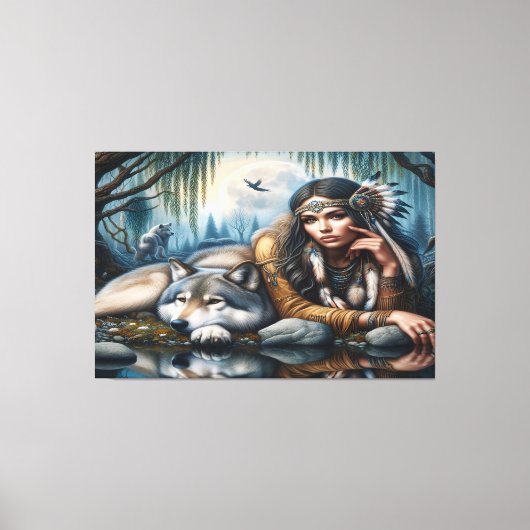 Mystiek Een indiaanse vrouw met wolven 36x24 Canvas Afdruk (Voorkant)