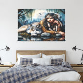 Mystiek Een indiaanse vrouw met wolven 36x24 Canvas Afdruk (Insitu (Slaapkamer))