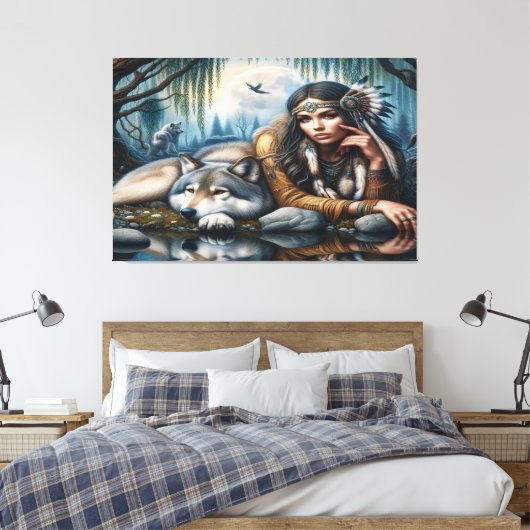 Mystiek Een indiaanse vrouw met wolven 36x24 Canvas Afdruk (Insitu (Slaapkamer))