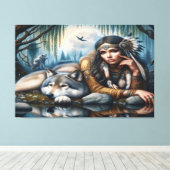 Mystiek Een indiaanse vrouw met wolven 36x24 Canvas Afdruk (Insitu (Houten vloer))
