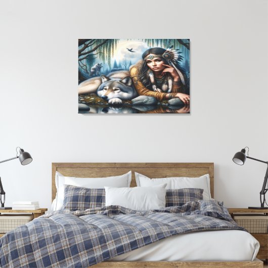 Mystiek Een indiaanse vrouw met wolven 36x24 Canvas Afdruk (Insitu (Slaapkamer))