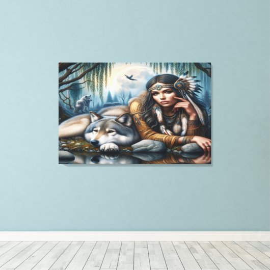 Mystiek Een indiaanse vrouw met wolven 36x24 Canvas Afdruk (Insitu (Houten vloer))