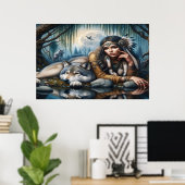 Mystiek Een indiaanse vrouw met wolven 36x24 Poster (Thuiskantoor)