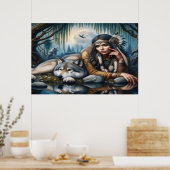 Mystiek Een indiaanse vrouw met wolven 36x24 Poster (Keuken)