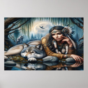 Mystiek Een indiaanse vrouw met wolven 36x24 Poster